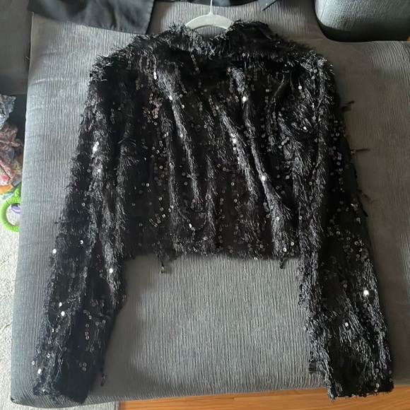 Black Glittery/Sequin Mock Neck Long Sleeve Crop Top - Picture 1 of 3